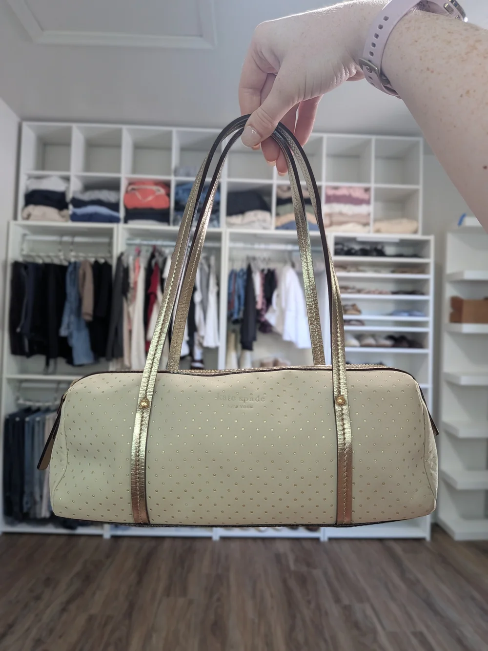 Vintage Y2K Kate Spade Metallic Gold & Cream Barrel Bag w/ Card - Mint Condition